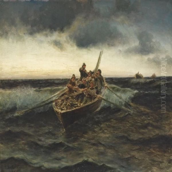 Marine With Fishermen In A Rowing Boat Oil Painting by Holger Peter Svane Lubbers