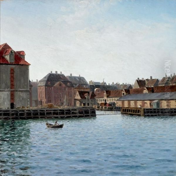 Danish Harbour Scenery Near The Asian Company In Copenhagen Oil Painting by Holger Peter Svane Lubbers