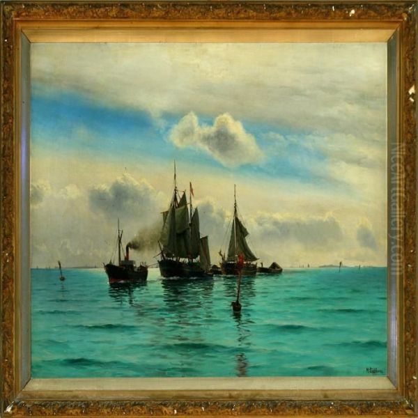 Danish Marine With Towed Ships Oil Painting by Holger Peter Svane Lubbers