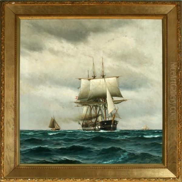 Marine With The Danish Frigate Jylland On Open Sea Oil Painting by Holger Peter Svane Lubbers