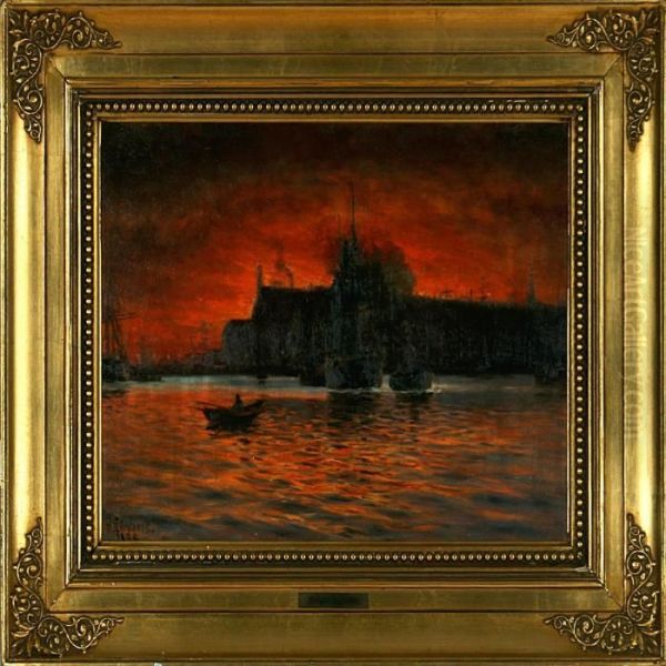 View Of The Port Of Copenhagen In A Red Sunset Oil Painting by Holger Peter Svane Lubbers