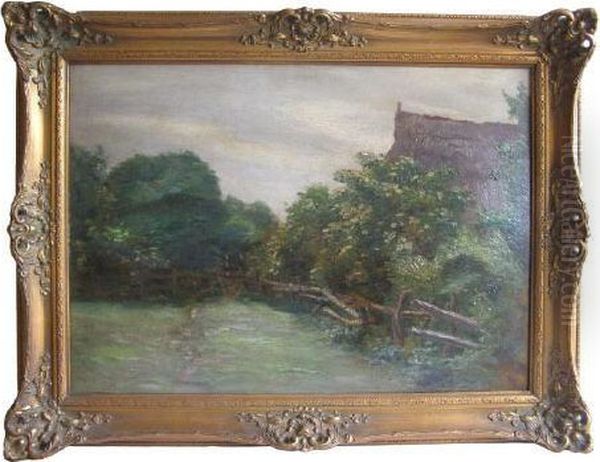 Hinter Einem Baum- Und 
Buschgurtel Reetgedecktes Haus. Unten Links Signiert H. Lubbers. Verso 
Etikett Der Galerie Commeter. Ol Auf Malkarton. 51 X 71 Cm Oil Painting by Holger Peter Svane Lubbers