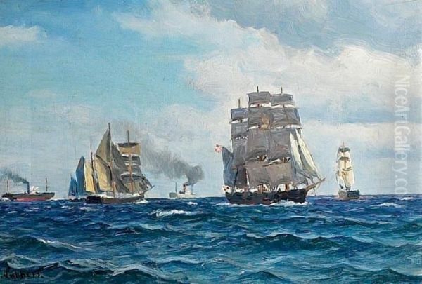 Ships In Open Sea Oil Painting by Holger Peter Svane Lubbers