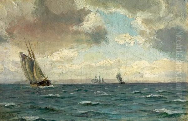 Ships Under Dark Clouds Oil Painting by Holger Peter Svane Lubbers