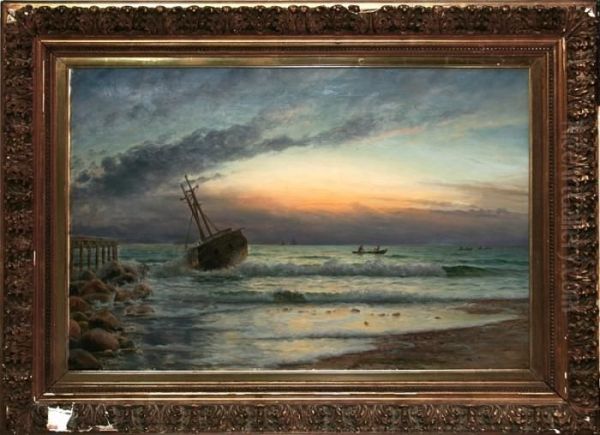 A Wreck Off The Coast At The North Sea In Jutland, Denmark Oil Painting by Holger Peter Svane Lubbers