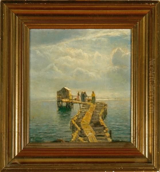 Lubbers: Women On A Bathing Jetty. Signed H. Lubbers Oil Painting by Holger Peter Svane Lubbers