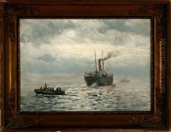 Lubbers: A Marine With A Steam Ship On Open Sea. Signed And Dated H. Lubbers 1923 Oil Painting by Holger Peter Svane Lubbers