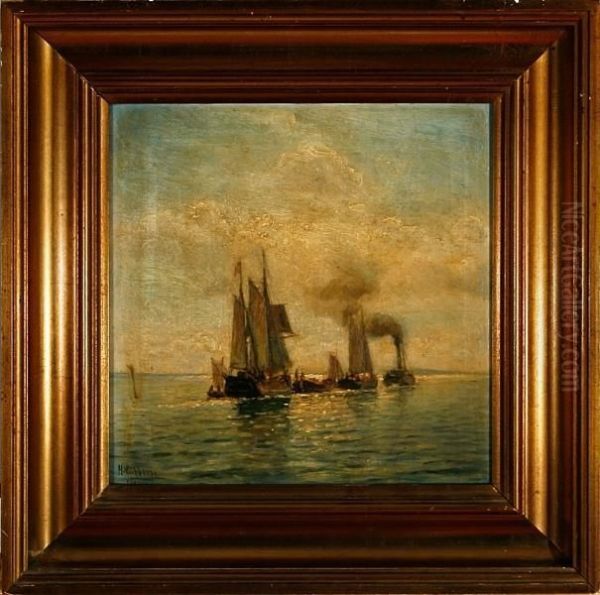 Lubbers: A Danish Marine With Several Sailing Ships. Signed H. Lubbers Oil Painting by Holger Peter Svane Lubbers