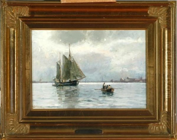 A Marine With A Two-mastered Schooner Plus Two Bumboats In Copenhagen Harbour Oil Painting by Holger Peter Svane Lubbers