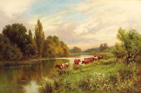 Cattle watering by a tranquil river Oil Painting by Henry Hillier Parker