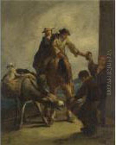 Water Sellers With A Donkey Oil Painting by Eugenio Lucas Velasquez