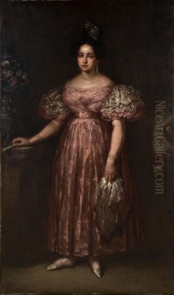 Ritratto Di Nobildonna In Piedi,
 A Figura Intera, Con Abito Rosa E Ventaglio In Mano (isabella Ii Di 
Borbone, Infanta Di Spagna?) Oil Painting by Eugenio Lucas Velasquez