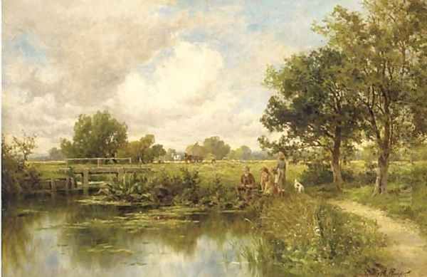 A fishing party, with haymakers beyond Oil Painting by Henry Hillier Parker