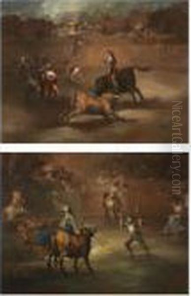 Mariano Ceballos Cabalgando 
(mariano Ceballos Mounted); Banderillas De Fuego (banderillas With 
Firecrackers) Oil Painting by Eugenio Lucas Velasquez