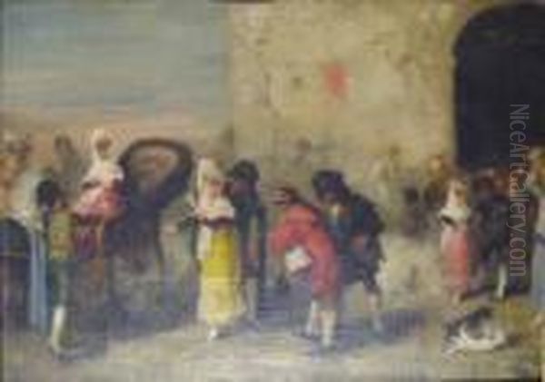 Figures And Carriage At A City Wall Oil Painting by Eugenio Lucas Velasquez