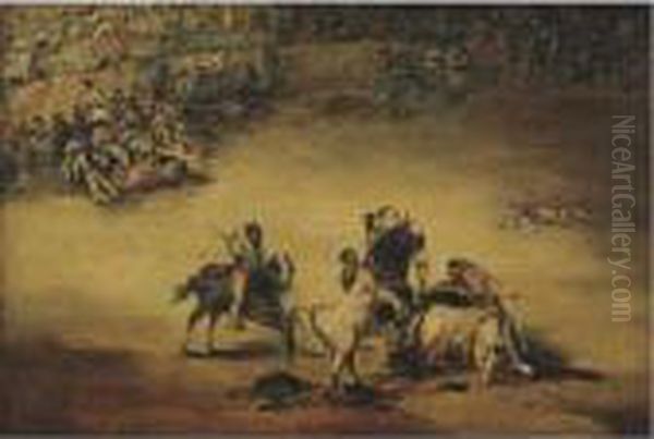 A Bullfight Oil Painting by Eugenio Lucas Velasquez