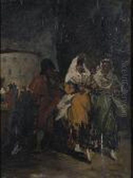 Majas Con Antigua Plaza De Toros De Madrid Al Fondo Oil Painting by Eugenio Lucas Velasquez