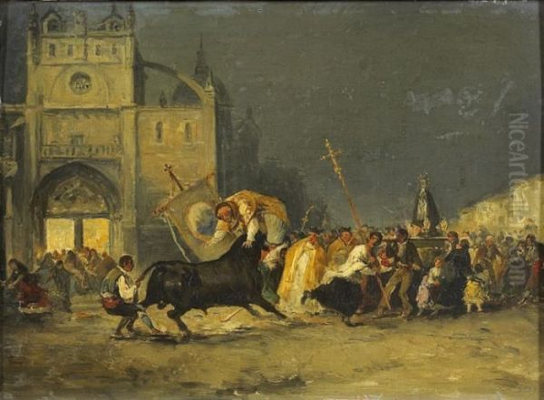 Procession Interrompue Par Un Taureau Oil Painting by Eugenio Lucas Velasquez