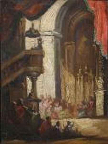 A Church Interior With A Figure Preaching Oil Painting by Eugenio Lucas Velasquez