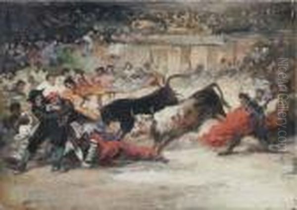 A Bullfight Oil Painting by Eugenio Lucas Velasquez