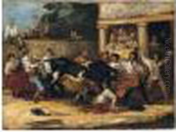 Capea De Pueblo (bullfighting In A Village) Oil Painting by Eugenio Lucas Velasquez