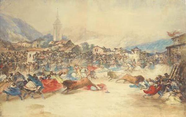 Running The Bulls In The Main Square Of A Spanish Village Oil Painting by Eugenio Lucas Velasquez