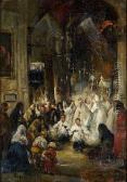 A Church Interior With Figures Oil Painting by Eugenio Lucas Villamil