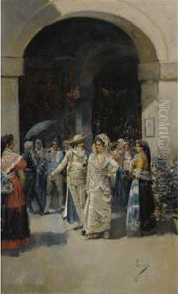 Salida De La Iglesia (after Mass) Oil Painting by Eugenio Lucas Villamil