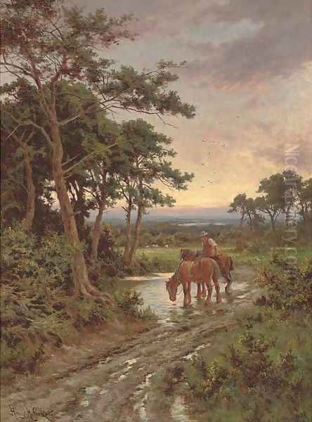 Watering the horses, sunset Oil Painting by Henry Hillier Parker