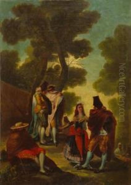 La Maja Y Los Embozados Oil Painting by Eugenio Lucas Villamil