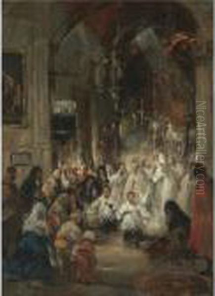 La Procesion (procession In A Church) Oil Painting by Eugenio Lucas Villamil