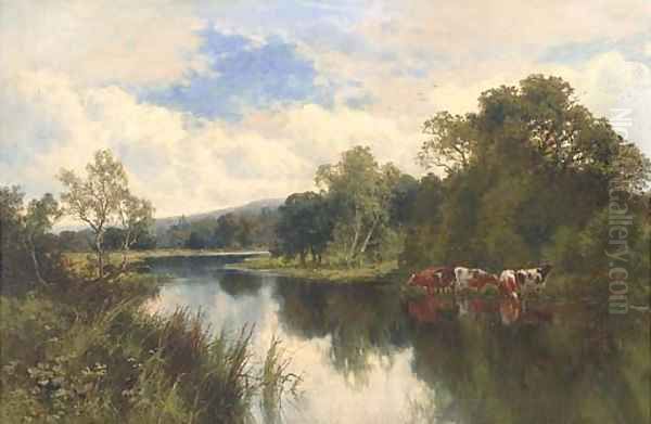 Cattle watering on a summer's day Oil Painting by Henry Hillier Parker