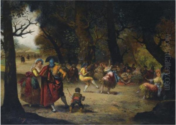 Baile En El Campo (the Country Dance) Oil Painting by Eugenio Lucas Villamil