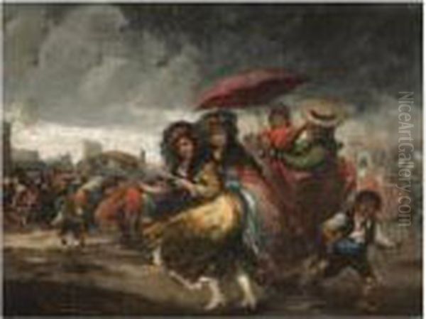 Corrida Suspendida Por La Lluvia (bullfight Suspended By The Downpour) Oil Painting by Eugenio Lucas Villamil