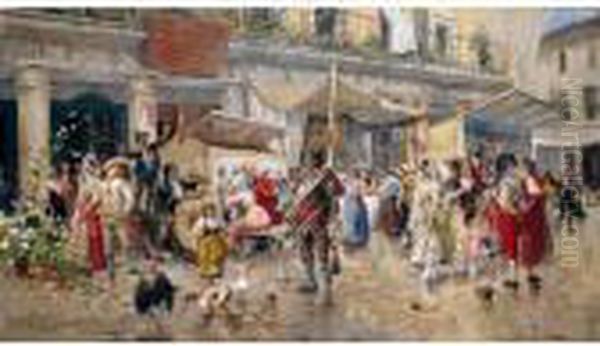 Mercado De La Cebada, Madrid (cebada Market In Madrid) Oil Painting by Eugenio Lucas Villamil