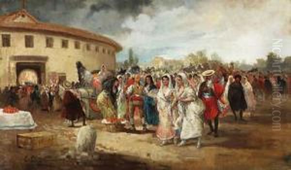 On The Plaza De Toros; And A Rainy Day On The Plaza De Toros Oil Painting by Eugenio Lucas Villamil