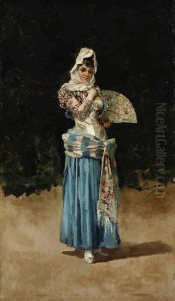 Woman In Spanish Dress And Madador Oil Painting by Eugenio Lucas Villamil