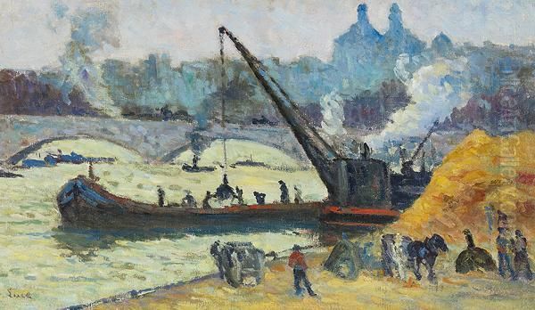 Chalands Sur La Seine Par Temps Gris... Oil Painting by Maximilien Luce