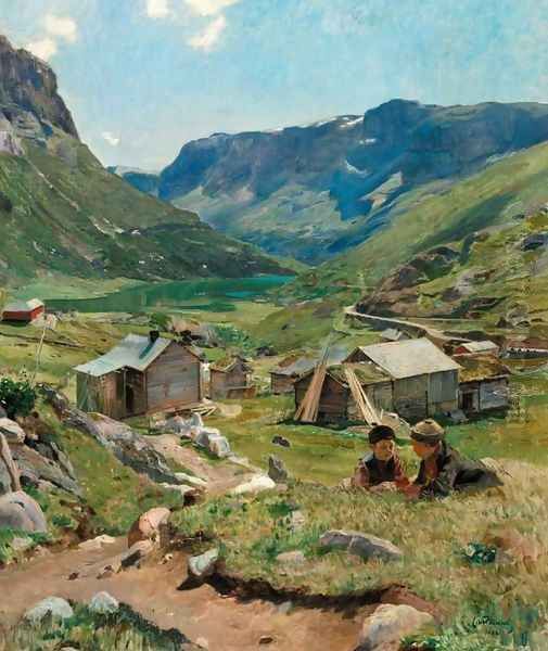 Summer Day: View of the Valley at Skogstad (Sommerdag, utsikt over dalen ved Skogstad) Oil Painting by Eilif Peterssen