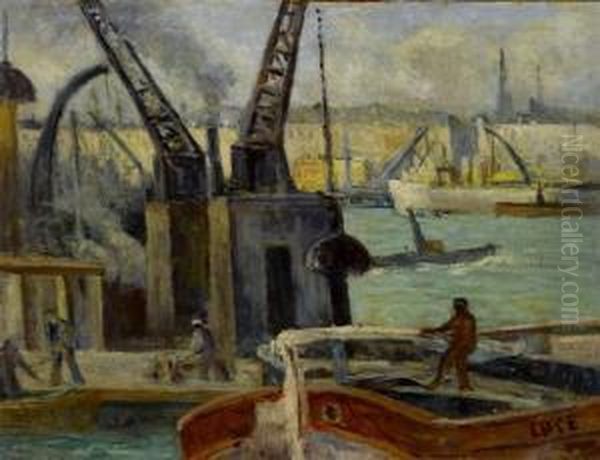 Scene De Port A Rouen. Les Remorqueurs Oil Painting by Maximilien Luce