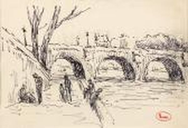 Paris, 
Personnages Sur Laberge Sous Le Pont Neuf Oil Painting by Maximilien Luce