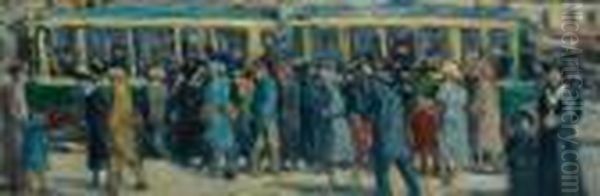 Deux Trolleybus Avec Personnages Oil Painting by Maximilien Luce