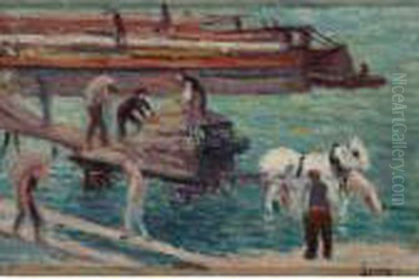 Le Dechargement Des Peniches Oil Painting by Maximilien Luce