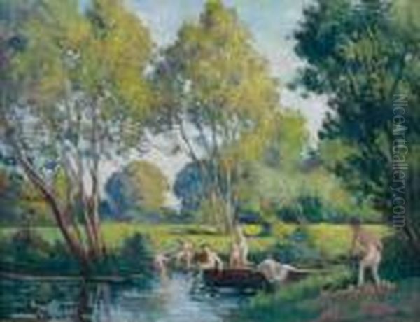 Baignade A Rolleboise Oil Painting by Maximilien Luce