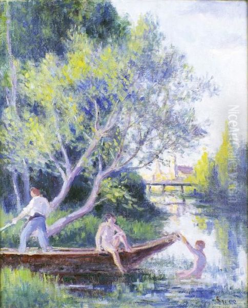 Baignade En Barque A Rolleboise Oil Painting by Maximilien Luce