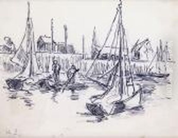 Barque Dans Le Port Parmi Les Petits Bateaux De Peche Oil Painting by Maximilien Luce