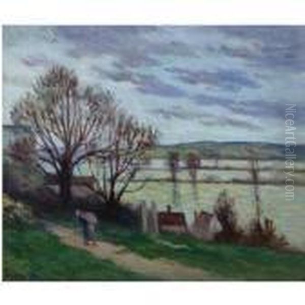 Rolleboise, La Cote Et Les Inondations Oil Painting by Maximilien Luce