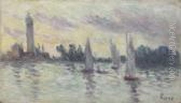 Trois Voiliers Devant Le Phare Oil Painting by Maximilien Luce