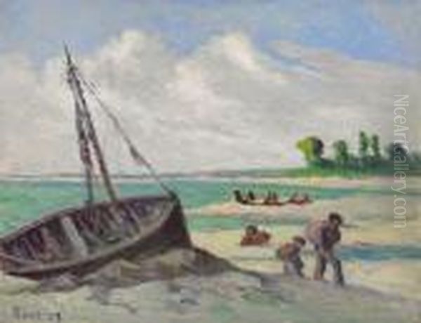 Environs Du Treport, Barque Echouee Oil Painting by Maximilien Luce