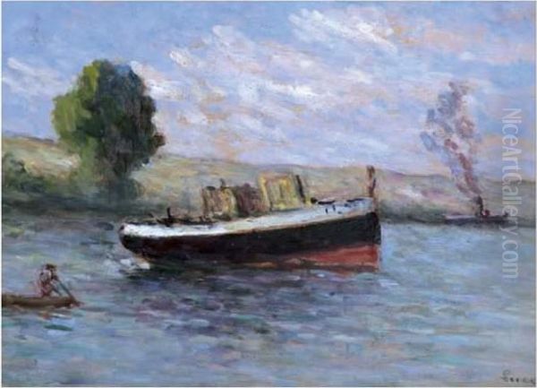 Barque, Remorqueur Et Bateau A Vapeur Sur Une Riviere Oil Painting by Maximilien Luce